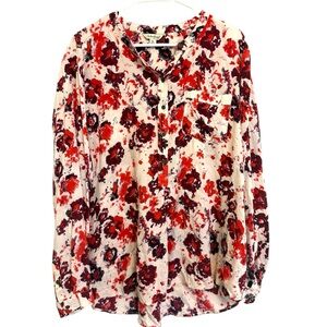 2/$30 Lucky Brand Red & Cream Floral Long Sleeve Button Front Blouse XL